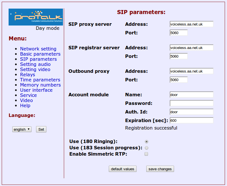 SIP Parameters on a Protalk door entry phone